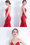 Sexy V-Neck Red Mermaid Spaghetti Straps Sparkly Backless Sleeveless Sequins Evening Dresses uk PH242