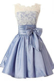 A Line Scoop Short Taffeta Blue Homecoming Dress With Bowknot PM478