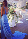 A Line V-Neck Long Blue Chiffon Sexy Backless Prom Dress