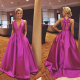 Gorgeous A Line Hot Pink Long with Ribbon Back V-Neck Satin Deep V-Neck Prom Dresses PH607