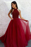 A Line Halter Tulle Burgundy Beads Sleeveless Long Party Dresses,Prom Dresses uk PW75