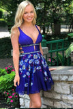 A-Line V-Neck Backless Short Royal Blue Printed Chiffon Cute Prom Homecoming Dress PH763