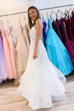 Puffy White V-Neck Tulle Sequins Long Prom Dress A Line Backless Evening Dress P1277