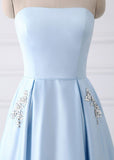 A-Line Blue Satin Strapless Beaded Pockets Lace Up Back Long Sleeveless Prom Dresses PH309