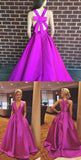 Gorgeous A Line Hot Pink Long with Ribbon Back V-Neck Satin Deep V-Neck Prom Dresses PH607