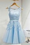 Light Sky Round Neck Tulle Appliques Short Sleeveless Graduation Homecoming Dresses PM220