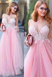 Pink Tulle Scoop Neck Princess Sweetheart Floor-length with Appliques Lace Prom Dresses uk PM807