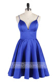 A Line Spaghetti Straps Royal Blue V Neck Backless Satin Knee Length Homecoming Dresses PH838