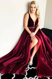 Chic Modest Burgundy  V-Neck Cheap Long Sleeveless Slit Beads Prom Dress UK PH446