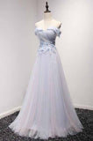 Sky Blue A-Line Off-the-Shoulder Floor-Length Tulle Prom Dresses uk with Appliques Lace PM955