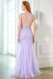 Elegant Mermaid Lavender Scoop Cap Sleeve Beads Tulle Yarn Floor-Length Prom Dresses uk PH220