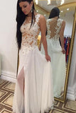 Floor-Length Chiffon Sleeveless Beaded Appliques Slit White Prom Dresses uk PM327