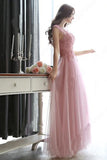 Modest Scoop Neck Tulle Pearl Detailing Lace-up Floor-length Sleeveless Prom Dresses uk PM632