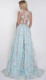 V-Neck Sleeveless Blue Tulle Appliques Affordable Long A-line Sleeveless Prom Dresses uk PM512