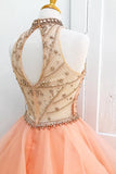 Chic A-Line Halter Open Back Sleeveless Pearl Pink Beading Tulle Modest Long Prom Dresses uk PH221