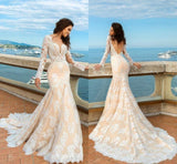 2018 White Lace Mermaid Deep V-Neck Backless Long Sleeve Wedding Dresses uk PM835