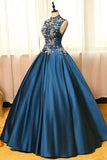 High Neck Sleeveless Appliques Ball Gown Open Back Satin Long Floor Length Blue Prom Dresses uk PH234