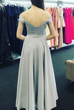 A-Line Off-the-Shoulder Open Back Sweetheart Grey Chiffon Prom Dresses uk with Appliques PH229