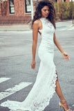 Sheath White Mermaid Round Neck Sweep Train Open Back Lace Wedding Dress with Split PM26