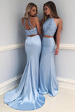 Fashion Light Blue High Neck Beading Long Two Piece Mermaid Halter Evening Dresses uk PM773