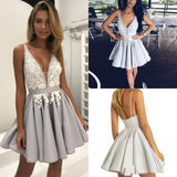 Light Lavender A-Line Deep V Neck Short Sleeveless Appliques Pleats Cheap Homecoming Dress PM210