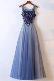 Elegant Long Appliques Blue Tulle Round Neck Long Evening Dress PM45