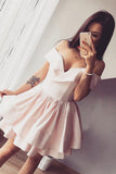 A-Line Off-the-Shoulder V-Neck Ruffles Short Pink Mini Satin Homecoming Dress PM279