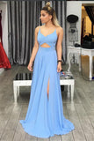 Simple A-Line Spaghetti Straps Blue V-Neck Backless Long Slit Backless Chiffon Prom Dresses uk PH240