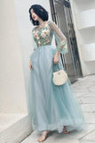 Elegant Long Sleeves Appliqued Tulle Prom Dresses, Floor Length Appliques Evening Dresses P1249