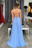 Simple A-Line Spaghetti Straps Blue V-Neck Backless Long Slit Backless Chiffon Prom Dresses uk PH240