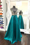 Beaded Plunging V-Neck Floor-length Teal Green Satin Sleeveless Prom Dresses uk PM338