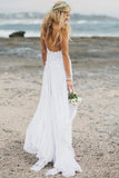 Beach Simple Casual White Tulle A-line Princess V neck Spaghetti Straps Wedding Dress PM136