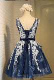 A-line Scoop Knee-length Open Back Navy Blue Organza Homecoming Dress with Appliques PM171