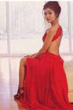 Sexy Red Backless Lace Unique Halter A Line Slit Criss Cross Prom Dress