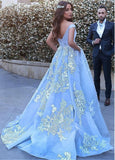 Wonderful Off-the-shoulder Ball Gown Formal Blue Lace Appliques Long Quinceanera Dresses PM119