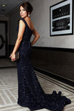 Gorgeous Mermaid Off-the-Shoulder Lace Navy Blue Sequins Sweetheart Prom Dresses uk PM600