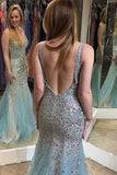 Backless Mermaid Beaded Long Tulle V-Neck Sleeveless Zipper-up Prom Dresses uk PM612