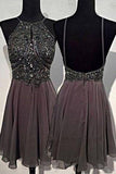 A-line Round Neck Chiffon Beaded Short Grey Backless Prom Homecoming Dress