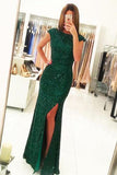 Mermaid Dark Green Open Back Long Cap Sleeves Split-Front Prom Dresses uk with Sequins PH255