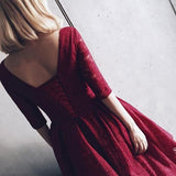 Half Sleeves Burgundy Homecoming Dress With Lace V-Neck Short Prom Dress