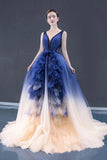 Royal Blue Ombre V-Neck Tulle Long Prom Dress Ball Gown