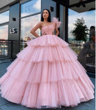 Charming Ball Gown Tulle Pink One Shoulder Long Quinceanera Dress P1362