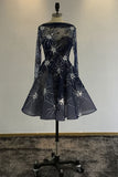 A Line Navy Blue Long Sleeve Beads Open Back Tulle Short Prom Dress,Homecoming Dress PH753