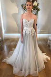 A Line Sweetheart Strapless Backless Silver Grey Tulle Wedding Dresses with Sweep Train PW230