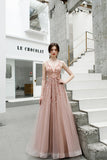 A Line V-Neck Pink Beads Straps Prom Dress Lace-up Long Dance Dress P1454