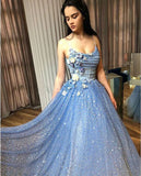 A Line Blue Spaghetti Straps Sweetheart Long Prom Dress Evening Dress P1303