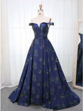 A Line Off the Shoulder Long Navy Blue Prom Dresses with Printed Evening Dresses PW847