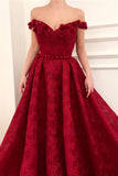 Charming Red Lace Off the Shoulder V-Neck Handmade Flowers Prom Dress P1313