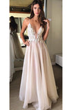 A-Line V-Neck Spaghetti Straps Backless Beads Appliques Organza Sleeveless Prom Dresses UK PH317