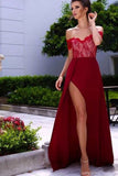 Burgundy A-Line Off-the-Shoulder Sleeveless Sweetheart High Side Split Lace Long Prom Dresses UK PH283